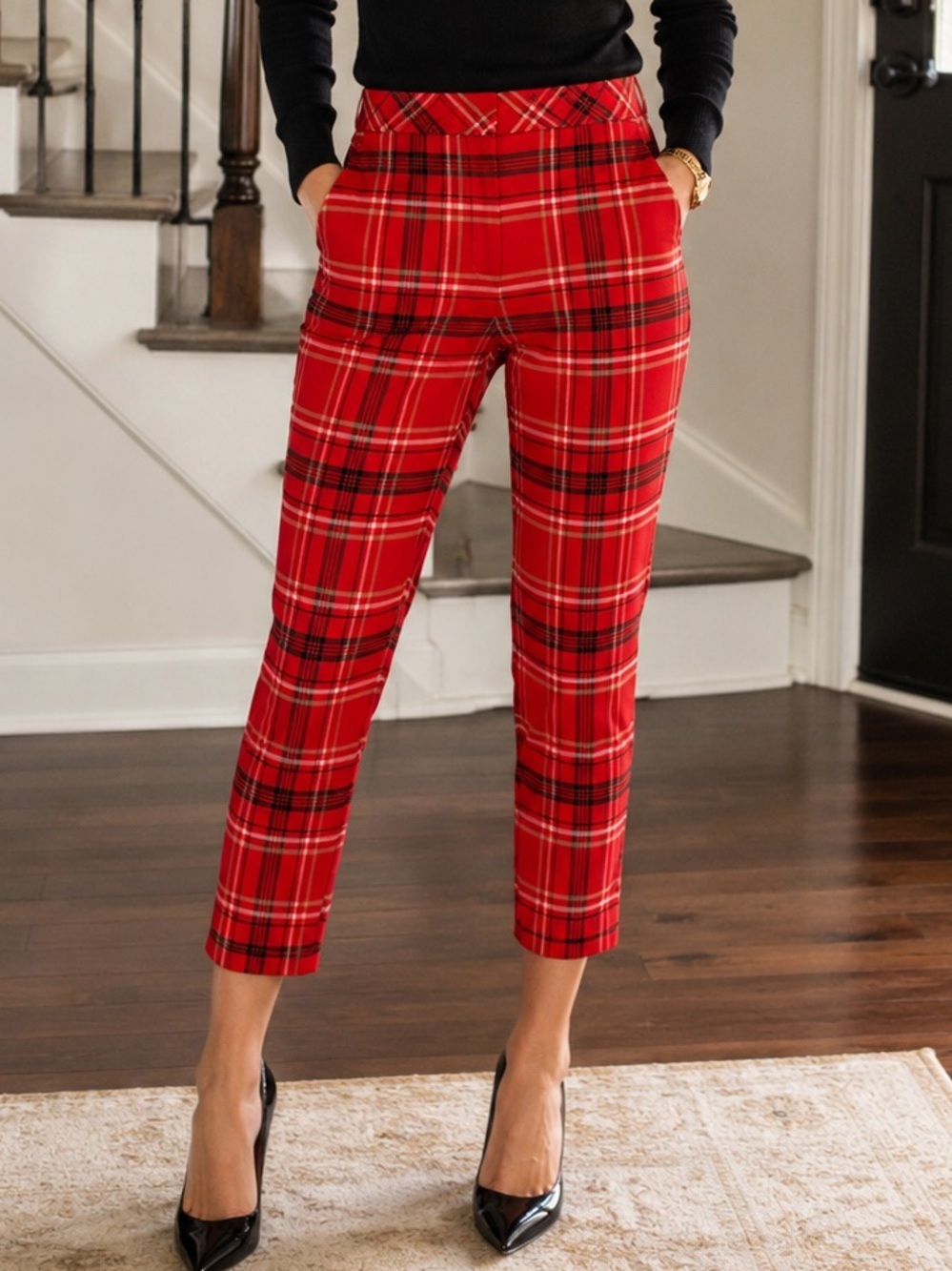 Trina Turk Moss 2 Plaid Cropped Pants Red Tartan Tailored Size 2